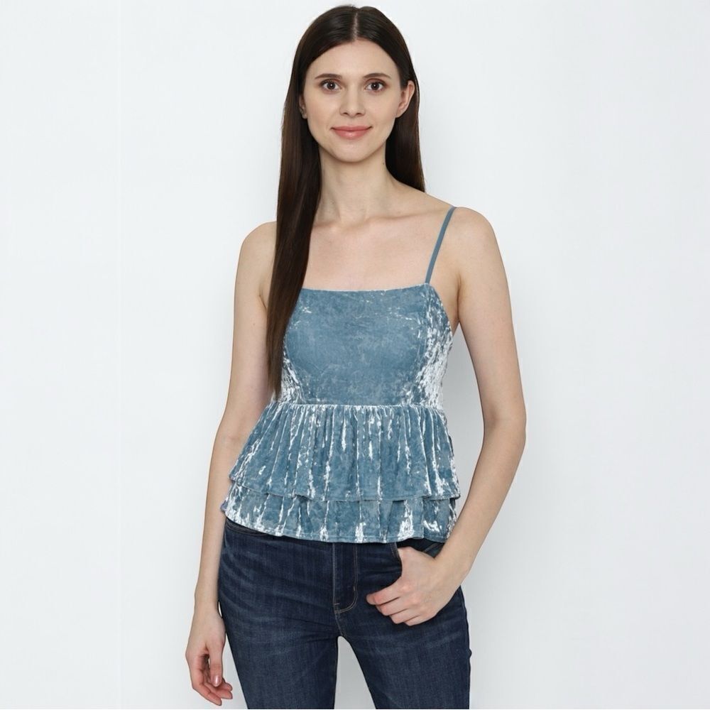 American Eagle Shirt Velvet Tiered Babydoll Top Blue Size Small NWT - Picture 2 of 11